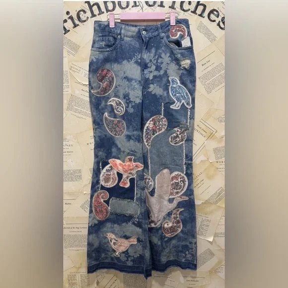 Free People Flying High Patched Jeans We The Free Embroidered Birds Print Blue - Picture 6 of 7